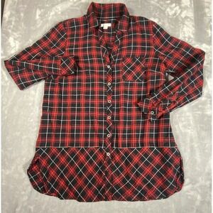 J Jill Long Sleeve Button Tunic Top Small Petite  Red Black Plaid Pocket Holiday